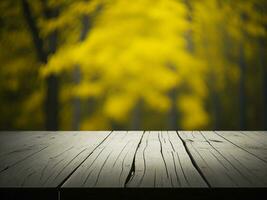 Wooden table and blur tropical Yellow Color background, product display montage. High quality photo 8k FHD AI generated