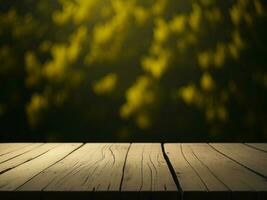 Wooden table and blur tropical Yellow Color background, product display montage. High quality photo 8k FHD AI generated