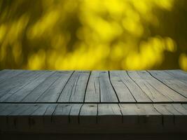 Wooden table and blur tropical Yellow Color background, product display montage. High quality photo 8k FHD AI generated