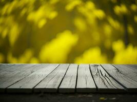 Wooden table and blur tropical Yellow Color background, product display montage. High quality photo 8k FHD AI generated