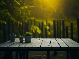 Wooden table and blur tropical Yellow Color background, product display montage. High quality photo 8k FHD AI generated