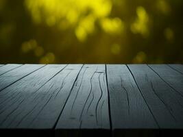 Wooden table and blur tropical Yellow Color background, product display montage. High quality photo 8k FHD AI generated