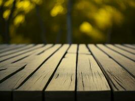 Wooden table and blur tropical Yellow Color background, product display montage. High quality photo 8k FHD AI generated