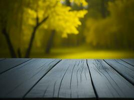 Wooden table and blur tropical Yellow Color background, product display montage. High quality photo 8k FHD AI generated