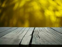 Wooden table and blur tropical Yellow Color background, product display montage. High quality photo 8k FHD AI generated