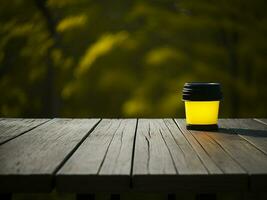 Wooden table and blur tropical Yellow Color background, product display montage. High quality photo 8k FHD AI generated