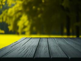 Wooden table and blur tropical Yellow Color background, product display montage. High quality photo 8k FHD AI generated