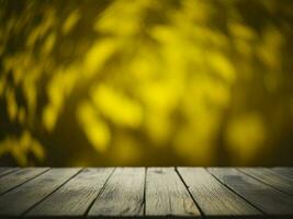 Wooden table and blur tropical Yellow Color background, product display montage. High quality photo 8k FHD AI generated