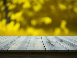 Wooden table and blur tropical Yellow Color background, product display montage. High quality photo 8k FHD AI generated