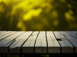 Wooden table and blur tropical Yellow Color background, product display montage. High quality photo 8k FHD AI generated