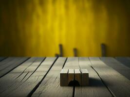 Wooden table and blur tropical Yellow Color background, product display montage. High quality photo 8k FHD AI generated