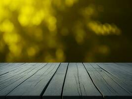 Wooden table and blur tropical Yellow Color background, product display montage. High quality photo 8k FHD AI generated