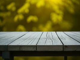 Wooden table and blur tropical Yellow Color background, product display montage. High quality photo 8k FHD AI generated