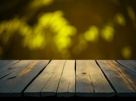 Wooden table and blur tropical Yellow Color background, product display montage. High quality photo 8k FHD AI generated