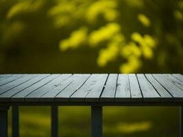 Wooden table and blur tropical Yellow Color background, product display montage. High quality photo 8k FHD AI generated