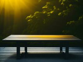 Wooden table and blur tropical Yellow Color background, product display montage. High quality photo 8k FHD AI generated