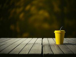 Wooden table and blur tropical Yellow Color background, product display montage. High quality photo 8k FHD AI generated