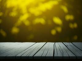 Wooden table and blur tropical Yellow Color background, product display montage. High quality photo 8k FHD AI generated