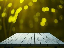 Wooden table and blur tropical Yellow Color background, product display montage. High quality photo 8k FHD AI generated