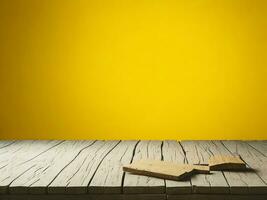 Wooden table and blur tropical Yellow Color background, product display montage. High quality photo 8k FHD AI generated