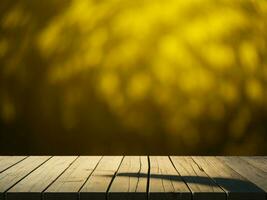 Wooden table and blur tropical Yellow Color background, product display montage. High quality photo 8k FHD AI generated