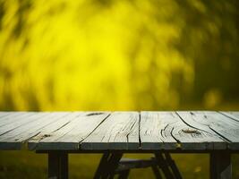 Wooden table and blur tropical Yellow Color background, product display montage. High quality photo 8k FHD AI generated