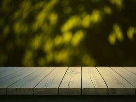 Wooden table and blur tropical Yellow Color background, product display montage. High quality photo 8k FHD AI generated