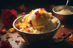 Mango ice cream scoops served in a bowl over a rustic wooden table photo