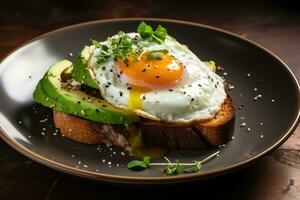 Plate with bread and fried egg and avocado photo