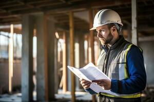 Professional engineer in protective helmet and blueprints paper at house building construction site. photo