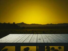 Wooden table and blur tropical Yellow Color background, product display montage. High quality photo 8k FHD AI generated