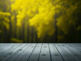 Wooden table and blur tropical Yellow Color background, product display montage. High quality photo 8k FHD AI generated