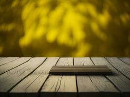 Wooden table and blur tropical Yellow Color background, product display montage. High quality photo 8k FHD AI generated