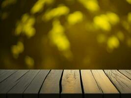 Wooden table and blur tropical Yellow Color background, product display montage. High quality photo 8k FHD AI generated