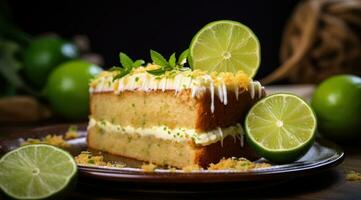 delicioso Lima pastel con Fresco Lima rebanadas foto