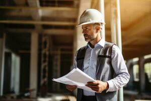 Professional engineer in protective helmet and blueprints paper at house building construction site. photo