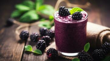 Blackberry smoothie selective focus detox diet food vegetarian food healthy eating concept. photo