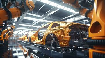 Modern car manufacturing factory, robotics in vehicle production photo