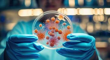 de cerca Disparo de laboratorio trabajador participación bacterias plato foto