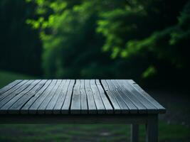 Wooden table and blur tropical green Color background, product display montage. High quality photo 8k FHD AI generated