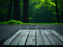 Wooden table and blur tropical green Color background, product display montage. High quality photo 8k FHD AI generated