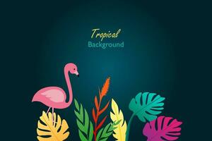 Tropical vector background with colorful leaves and pink flamingo. Abstract foliage and botanical background.