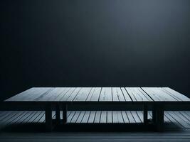 Wooden table and blur tropical Green color background, product display montage. High quality photo 8k FHD AI generated