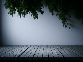 Wooden table and blur tropical Green color background, product display montage. High quality photo 8k FHD AI generated