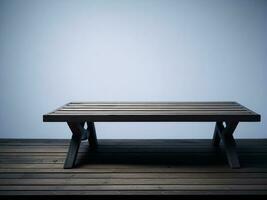 Wooden table and blur tropical white background, product display montage. High quality photo 8k FHD AI generated