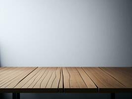 Wooden table and blur tropical white background, product display montage. High quality photo 8k FHD AI generated