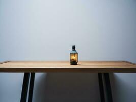 Wooden table and blur tropical white background, product display montage. High quality photo 8k FHD AI generated