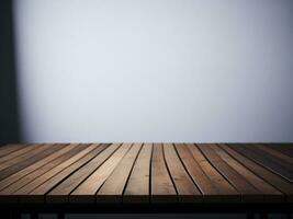 Wooden table and blur tropical white background, product display montage. High quality photo 8k FHD AI generated