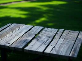 Wooden table and blur tropical green grass background, product display montage. High quality photo 8k FHD AI generated