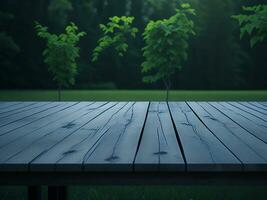 Wooden table and blur tropical green grass background, product display montage. High quality photo 8k FHD AI generated